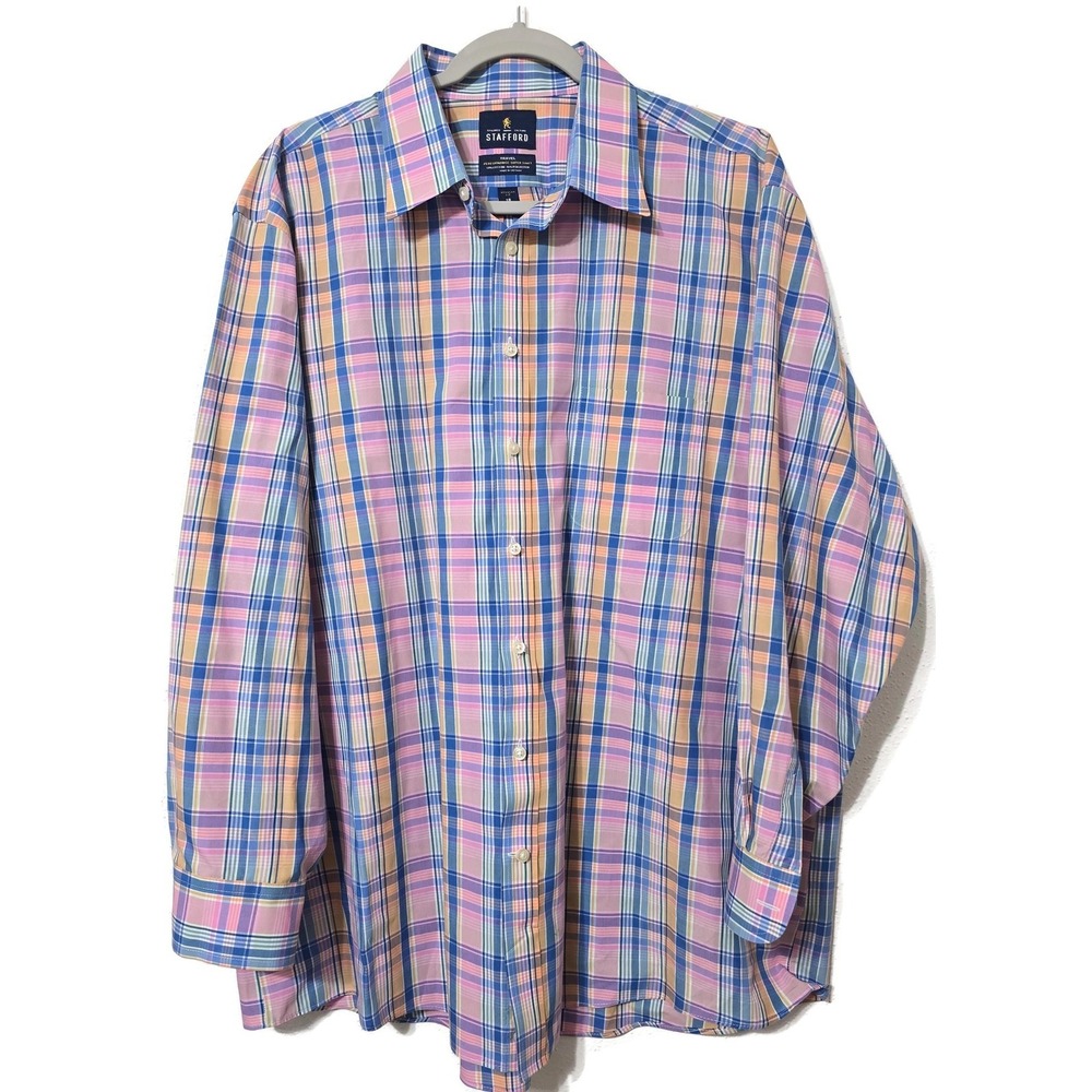 Stafford Shirt Mens 18 34/35 Multicolor Plaid Travel Performance Regular Fit